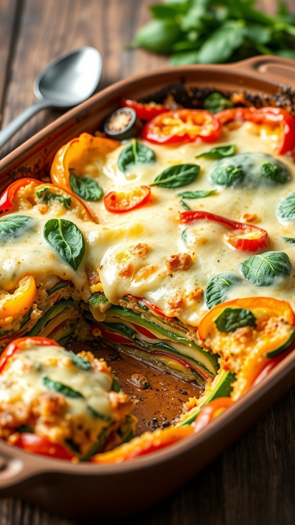 Healthy vegetable casserole with zucchini, bell peppers, spinach, and cheese in a rustic baking dish.
